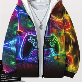 Resim Erkek Çocuklar için Sonbahar ve Kış Kırmızı Işık Oyun Kumandası Desenli Havalı Moda Kapüşonlu Hırka Fermuarlı Sweatshirt Rahat Uzun Kollu Spor Giyim 