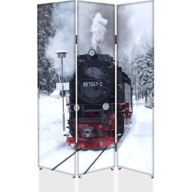 Resim DEKOBUL Kara Tren 3 Kanat Tekerlekli Kanvas Paravan 
