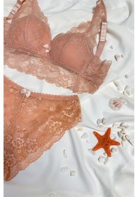 Resim Kadın Üçgen Dantel Bralet Desteksiz Sütyen Takım Pudra 
