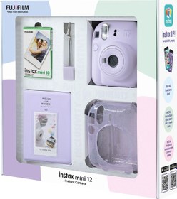 Resim Fujifilm Instax Mini 12 Fotoğraf Makinesi + 10'lu Film + Simli Pleksi Kılıf + Pvc Albüm + Kıskaçlı Standı Lila 