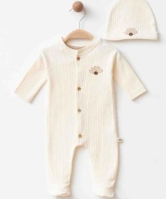 Resim Zekids Kız Bebek Organik Pamuklu Çiçek Nakışlı Tulum Şapka Takım-16178 Krem 