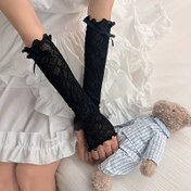 Resim Elegant Black Lace Fingerless Gloves with Ribbon Accents - İnce, Nefes Alabilen, Parti ve Resmi Etkinlikler için Dekoratif Kollu, Resmi Eldiven|Fiyonk Dekoru|Elastik Uyum 