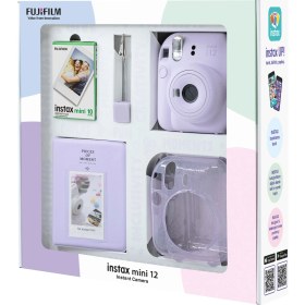 Resim Fujifilm Instax Mini 12 Lila Fotoğraf Makinesi 10'lu Film Simli Pleksi Kılıf Pvc Albüm ve Kıskaçlı Resim Standı Bundle Box 