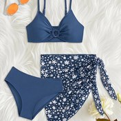 Resim Kız Çocukları için Çiçek Desenli Plaj Etekli ve Yüzme Kıyafeti ile Uyumlu 3 Parçalı Bikini Takımı - Yaz Tatili 