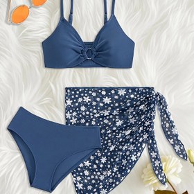 Resim Kız Çocukları için Çiçek Desenli Plaj Etekli ve Yüzme Kıyafeti ile Uyumlu 3 Parçalı Bikini Takımı - Yaz Tatili 