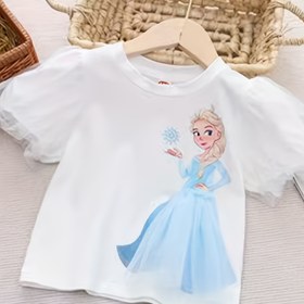 Resim Disney Prenses Elsa & Kar Beyazı Kızlar Kısa Kollu Tişört - Nefes Alabilir Mesh Eklemeli ve Kabarcık Kollu Tasarım, Bahar/Yaz Dış Aktiviteleri için Eğlenceli Çizgi Film Grafikli Yuvarlak Yaka Üst, Makinede Yıkanabilir Gençler Günlük Giyim, Disney Kız Çocukları İçin Gömlekler, Gençlerin Günlük Kullanımı, Dayanıklı Dikiş, Genç Modası 