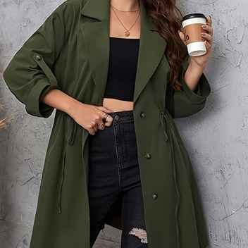 Plus Beden, 2025 İlkbahar Koleksiyonu Kadınlar İçin Klasik Renk Bloklu Dik Yaka Bol Kesim Trenç Koat Orta Boy Dış Giyim