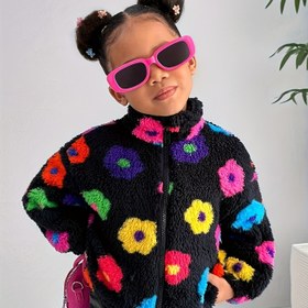 Resim 1 Adet 1-6 Yaş Kızlar İçin Renkli Çiçek Desenli Peluş Mont, Sonbahar ve Kış için Dış Giyim 