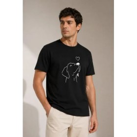 Resim Marsilyan Erkek Köpek Figürlü Minimal Baskılı Tişört Kısa Kol Yazlık T-Shirt - Siyah 