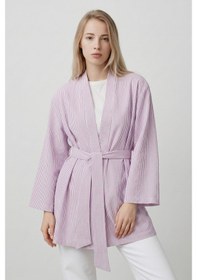Resim Saade Sââde Kadın Dikey Çizgili Geniş Kollu Şık Yazlık Relaxed Kimono Lila 