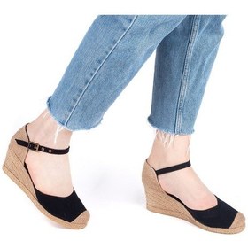 Resim Gerçek Elişi Burnu Hasır Dolgu Topuk Siyah Keten Hasır Espadril Handmade Siyah 