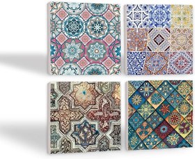 Resim Etnik Desen Taş Bardak Altlığı Seti - 4 Parça - Dekoratif, Rustik Mutfak Aksesuarı, 10x10 cm, Kaydırmaz Tabanlı, Şık ve Dayanıklı SC111 