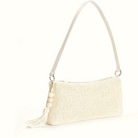 Resim Kadın Bej Dokuma Plaj Çantası, Fermuarlı Şık Polyester Tote, Açık Hava ve Yolculuklar İçin Rahat Omuz Çapraz Çanta, Düz Renk, Kenar Boyasız 