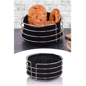 Resim Metal Ekmeklik Paslanmaz Krom Şeritli Siyah Kumaş Yuvarlak Ekmeklik Ekmek Sepeti Gümüş 