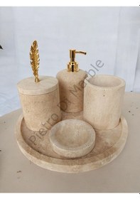 Resim Sarı Traverten Klasik Model 5 Parça Gold Renk Kuş Tüyü Aksesuarlı Banyo Seti Sarı Traverten 
