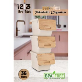 Resim Feyza Design Bambu Renkli Tekerlekli Sebzelik, Patates ve Soğanlık, Oyuncak ve Saklama Kutusu 