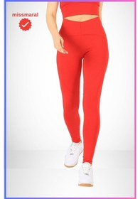 Resim Missmaral Slim Fit Tayt Yüksek Bel Toparlayıcı Kırmızı Spor Model Flatlock Dikiş Detaylı Oslo 1090 Kırmızı 