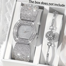 Resim 2 adet Şık Bayan Kuvars Saat ile Parıldayan Takı Bileklik Seti, Ölçeksiz Basit Kadran, Moda Alaşım Kayış, Aile ve Arkadaşlar için En İyi Hediye, Tatil Hediyeleri ve Günlük Kullanım için Uygun, Ambalaj Kutusu Olmadan, Orta Doğu Özel 