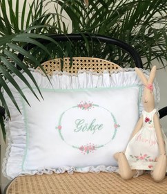 Resim Oval Çiçekli Dekoratif Bebek Yastığı - Pembe/Mint - Biye + Fırfır 