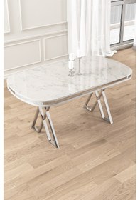 Resim Canisa Zae Serisi 90x168 Lak Panel Beyaz Mermer Desen Krom Ayak Masa Takımı 4 Krem Sandalye Beyaz Mermer Desen Masa,krem Sandalye 