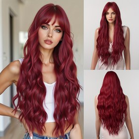 Resim 150% Yoğunluk Yüksek Sıcaklık Fiber Rose Net Cap Kadın Partisi Kıvırcık Dalga Uzun Kırmızı Merkez Bölünmüş Sekiz Kıvrımlı Peruk Kadınlar, Cosplay ve Parti için 