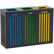 Resim 3'lü Metal Sıfır Atık Kutusu Geri Dönüşüm Çöp Kovası N11.124 