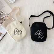 Resim Sevimli Karikatür Köpek Tasarımı Çapraz Çanta - Retro Stil, Yumuşak Kanvas, Fermuar Kapatma, Siyah ve Bej, Günlük Çanta|Oyuncağı Aksesuar|Zipli Çanta 