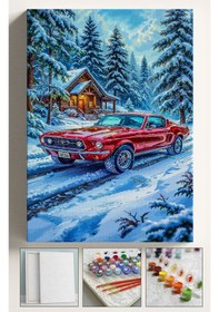 Resim Sayılarla Boyama Çerçeveli Hobi Seti Numaralı Tuval Fırça Boya Kasnaklı 40x50 Cm Kar Ve Kırmızıaraba 