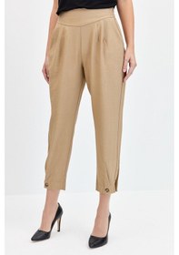 Resim Kadın Geniş Kemerli Paçası Düğmeli Keten Pantolon Camel Camel 