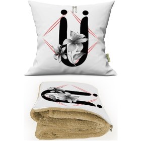 Resim Ü HARFİ Baskılı Kişiye Özel Opsiyonel Battaniyeli Yastık Kırlent 2 in 1 