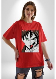 Resim Anime Titan Saldırısı Pamuklu Bisiklet Yaka Unisex Oversize Boyfriend Dijital Baskılı Kırmızı T-shirt Kırmızı 