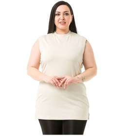 Resim Büyük Beden Yarım Balıkçı Yanları Yırtmaçlı Uzun Viskon Bej Body 