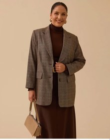 Resim Gala-xi Büyük Beden Ekose Desenli Blazer Ceket Kahverengi 