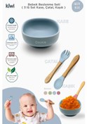 Resim Kiwi 3 Parça Kase Çatal Kaşık Beslenme Seti - Doğal Silikon Bpa İçermez- Dusty Blue 