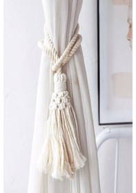 Resim 2 Adet Ekru Büyük Püsküllü El Yapımı Halat Perde Süsü & Tutacağı 