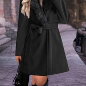 Resim Çıkarılabilir Suni Kürk Yaka ile Şık Büyük Beden Kaban - V Yaka, Uzun Kollu, Kemerli Bel 