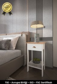 Resim B3 Concept Retro Serisi Özel Tasarım Tek Çekmeceli Yatak Yanı Komodin Beyaz & Safir Meşe 