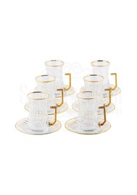 Resim Bardak Çay Bardağı Çay Seti Çay Takımı Lux Dik Çapraz Heybeli Kulplu Çay Seti İç Yaldız Altın 