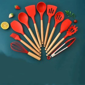 Resim Özbience Isıya Dayanıklı Bambu Saplı 12 Parça Koku Yapmaz Yanmaz Silikon Mutfak Seti 