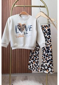 Resim Lolliboomkids Kız Çocuk Love Leopar Baskılı İspanyol Paça Tayt Alt Üst Takım 3 İplik Taş 