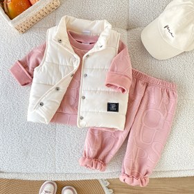 Resim 3'lü Kız Çocuk Sonbahar Kış Spor Tarzı Dokulu Jakarlı Kumaş Yuvarlak Yaka Üst, Lastikli Pantolon ve Kalınlaştırılmış Atlet, Okul, Boş Zaman, Tatil ve Dış Mekan için Uygun 