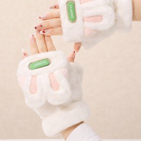 Resim Kadın Peluş Tavşan Kulaklı Parmaksız Eldiven - Kışlık Sıcak Tutucu Yumuşak Polar Eldiven - Pembe / S/M 