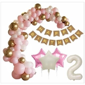 Resim 2 Yaş Kraft-gold Banner, 30 Adet Pembe, Gold, Beyaz Balon 2 Pembe 1 Bej Yıldızlı Doğum Günü Seti 