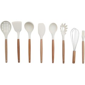 Resim 8 Parça Bambu Saplı Silikon Kepçe Spatula Mutfak Seti Krem 