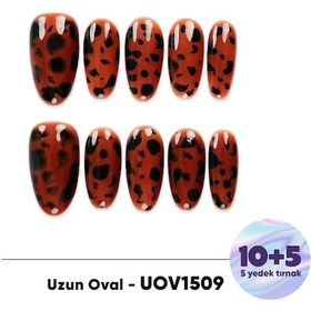 Resim 15'li Kahverengi Uzun Oval Uov1509 10'lu Tekrar Kullanılabilir El Yapımı Protez Takma Tırnak Xs 