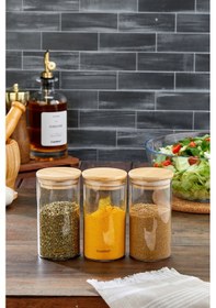 Resim Cooker 3'lü 300 Ml Bambu Kapaklı Borosilikat Cam Kavanoz Ckr3896 Bej 