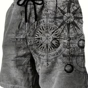 Resim Erkekler için Vintage Denizcilik Hızlı Kuruyan Şortlar - Pusula & Yelken Haritaları Tasarımı, Yaz Su Sporları, Plaj ve Sörf için İdeal, Hafif Polyester Kumaş ve İpli Bel 
