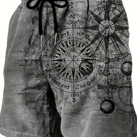 Resim Erkekler için Vintage Denizcilik Hızlı Kuruyan Şortlar - Pusula & Yelken Haritaları Tasarımı, Yaz Su Sporları, Plaj ve Sörf için İdeal, Hafif Polyester Kumaş ve İpli Bel 
