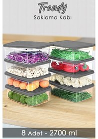 Resim Meleni Home 8 Adet Dikdörtgen Erzak Saklama Kabı - Mikrodalgaya Uygun Düzenleyici Organizer 2700 ML Gri 