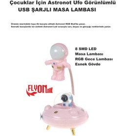 Resim FLYONLOOK Çocuklar İçin Astronot Ufo Görünlümlü Şarjlı Masa Lambası 3 Fafklı Işık Modlu 8 Smd LED Esnek Gövde 